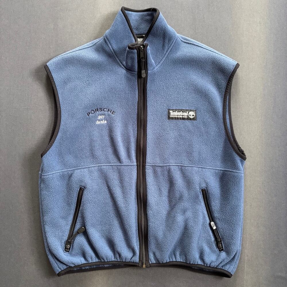 Timberland Polartec Fleece Vest Blue Full Zip Porsche 911 Turbo Embroidered Sz L